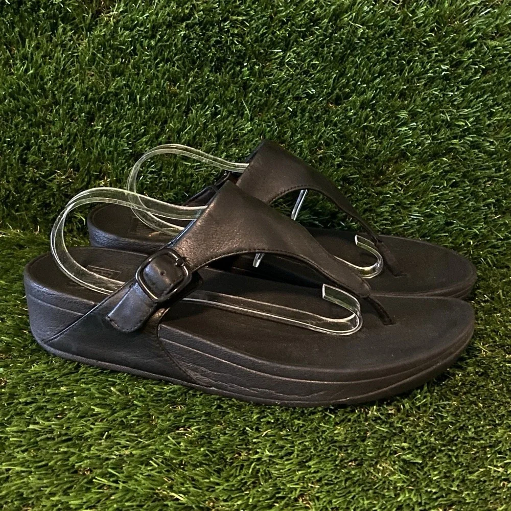 FitFlop Sandals Women's 9 Black Adjustable Buckle Toe Post Thong Slip On Comfort